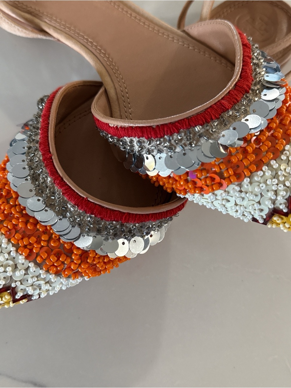 Tory Burch Multicolor Beaded Pointed Toe Ankle Strap Flats - Picture 2 of 6